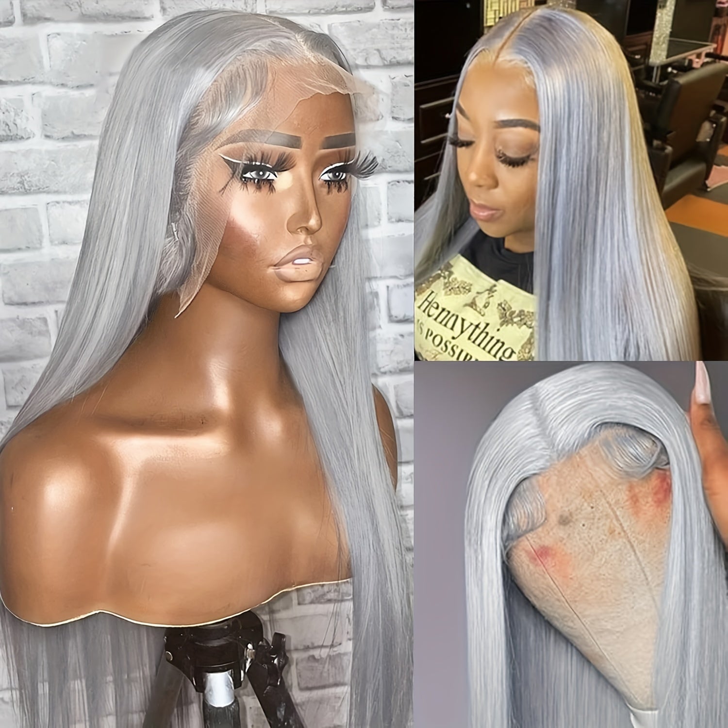 Silvery Grey 13x4 Transparent Lace Frontal Wig 26 Inches Silvery Straight Lace Front Wigs for Women 180% Density Synthetic Heat Resistant Fiber High temperature fiber Straight Glueless Lace Wig Natural Straight Long Lace Wig